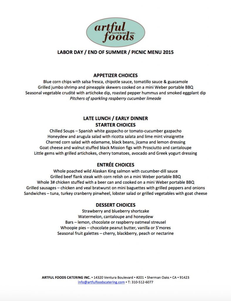 Artful Foods Catering Labor Day Menu